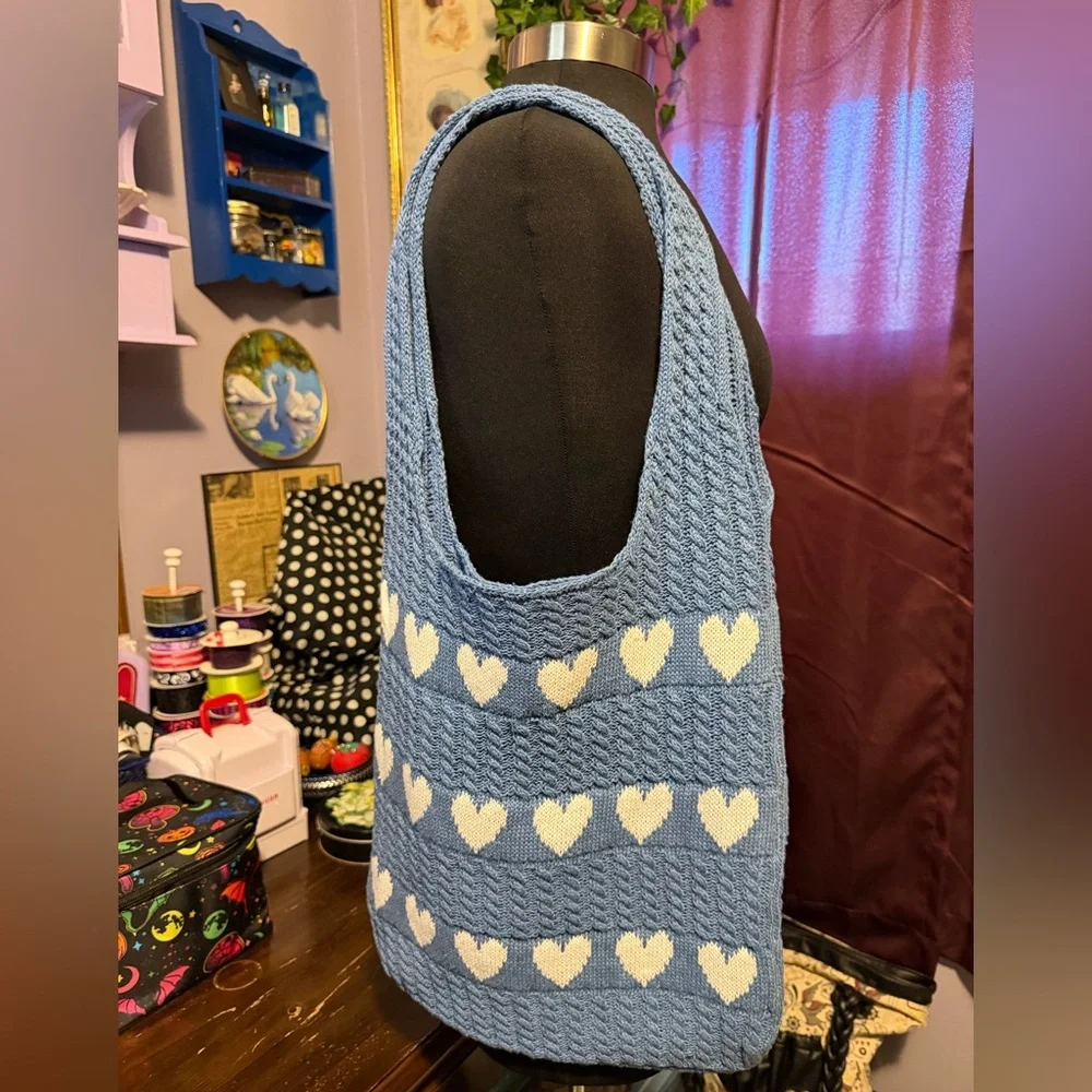 Miss Love Sweater Tote Bag Hearts Blue And White